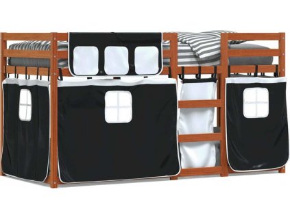 Dětská patrová postel se závěsy bílá a černá 80x200 cm borovice [3283922]