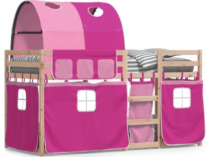 Dětská patrová postel se závěsy růžová 90 x 190 cm borovice [3284029]