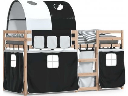 Dětská patrová postel se závěsy bílá a černá 90x190 cm borovice [3284027]