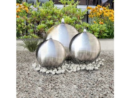 3dílné zahradní fontány koule s LED diodami nerezová ocel [277506]