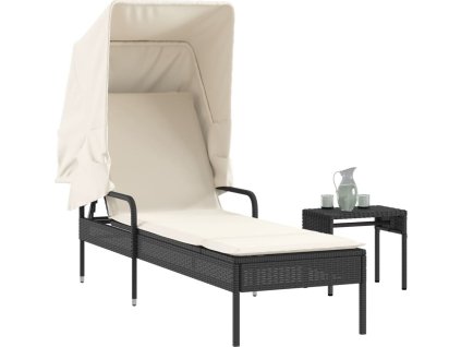 Zahradní lehátko se stříškou a stolkem polyratan [368197] (Barva Černá)