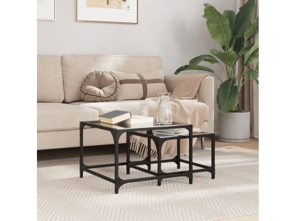 Hnízdové konferenční stolky 2 ks skleněná deska ocel [845983] (Barva Černá)