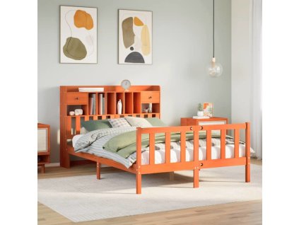 Postel s knihovnou bez matrace 150x200 cm masivní borovice [3321762] (Barva Voskově hnědá)