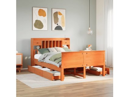Postel s knihovnou bez matrace 140 x 200 cm masivní borovice [3308923] (Barva Voskově hnědá)