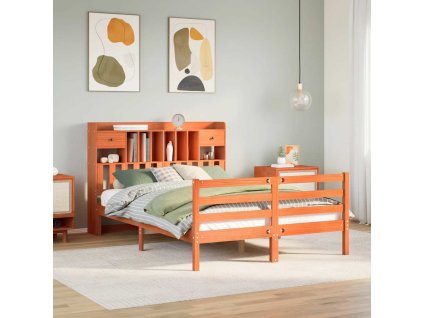 Postel s knihovnou bez matrace 140x200 cm masivní borovice [3321956] (Barva Voskově hnědá)