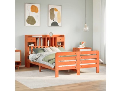 Postel s knihovnou bez matrace 140x190 cm masivní borovice [3309991] (Barva Voskově hnědá)