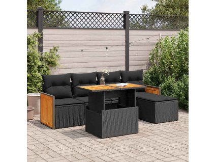 6dílná zahradní sestava s poduškami polyratan akácie [3327695] (Barva Černá)