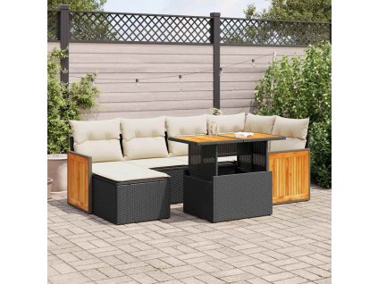 7dílná zahradní sestava s poduškami polyratan akácie [3327731] (Barva Černá a krémová)