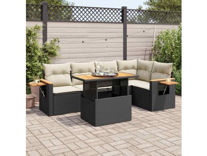 6dílná zahradní sestava s poduškami polyratan akácie [3327598] (Barva Černá a krémová)