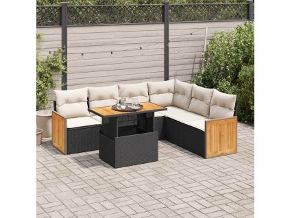 7dílná zahradní sestava s poduškami polyratan akácie [3327717] (Barva Černá a krémová)