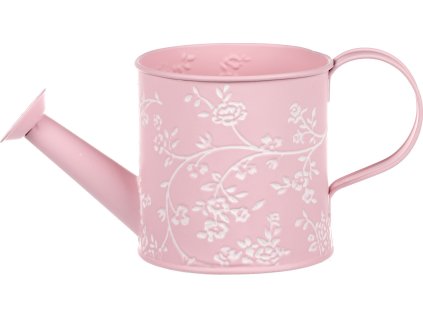 Obal kovový - konev, v růžové barvě s bílými růžemi. KK054-PINK
