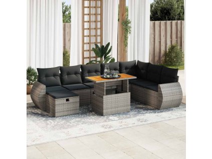 9dílná zahradní sestava s poduškami polyratan akácie [3328075] (Barva Šedá)