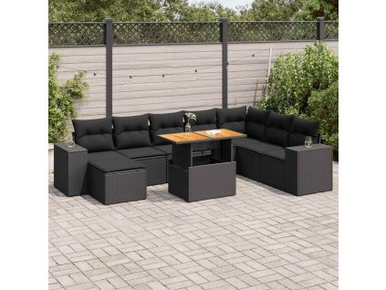 9dílná zahradní sestava s poduškami polyratan akácie [3327408] (Barva Černá)