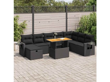 9dílná zahradní sestava s poduškami polyratan akácie [3328042] (Barva Černá)