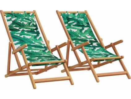 Skládací plážová křesla 2 ks textil a masivní dřevo [3214489] (Barva Vzor listí)