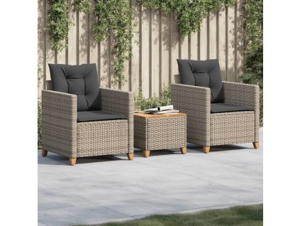 3dílný bistro set s poduškami polyratan akáciové dřevo [366310] (Barva Šedá)