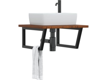 Deska pod umyvadlo nástěnná ocel a masivní dubové dřevo [3302487] (Barva tmavě hnědá a černá)