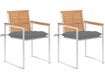 Zahradní židle s poduškami 2 ks masivní teakové dřevo a ocel [3061531] (Barva Šedá)