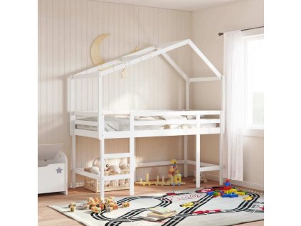 Patrová postel s žebříkem a střechou 90 x 200 cm borovice [3282071] (Barva Bílá)