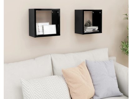 Nástěnné krychlové police 2 ks 26 x 15 x 26 cm [807046] (Barva černá s vysokým leskem)