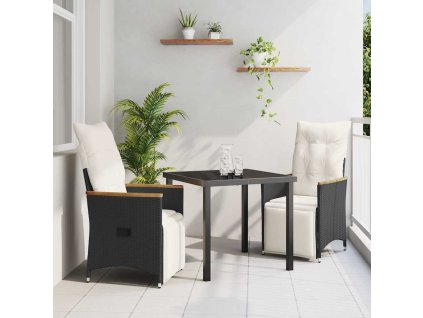 Zahradní jídelní souprava s polštářem 3 pcs Černá Poly ratan [3379611]