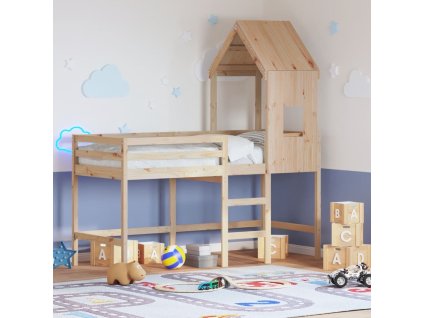 Patrová postel s žebříkem a střechou 90 x 200 cm borovice [3282024] (Barva Přírodní)