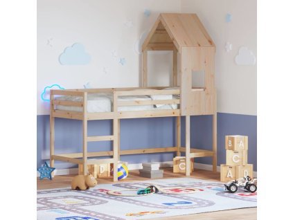 Patrová postel s žebříkem a střechou 90 x 200 cm borovice [3282030] (Barva Přírodní)