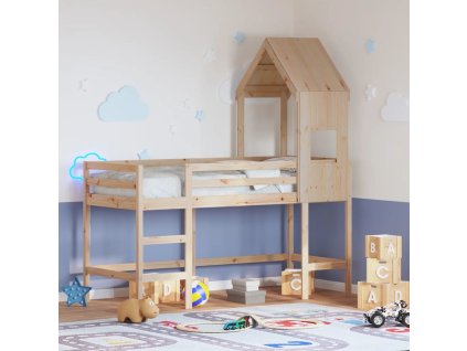 Patrová postel s žebříkem a střechou 90 x 190 cm borovice [3282032] (Barva Přírodní)
