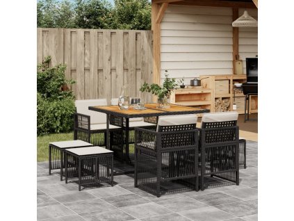 9dílný zahradní jídelní set s poduškami polyratan [3210963] (Barva Černá a krémová)
