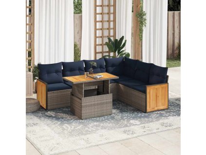 7dílná zahradní sestava s poduškami polyratan akácie [3327722] (Barva Šedá)