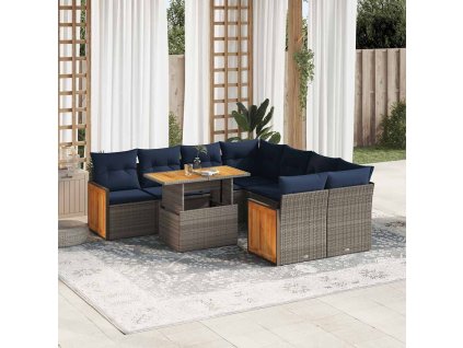 9dílná zahradní sestava s poduškami polyratan akácie [3327694] (Barva Šedá)