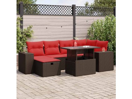 7dílná zahradní sestava s poduškami šedá polyratan akácie [3327944] (Barva Hnědá)
