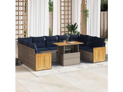 10dílná zahradní sestava s poduškami polyratan akácie [3327757] (Barva Šedá)