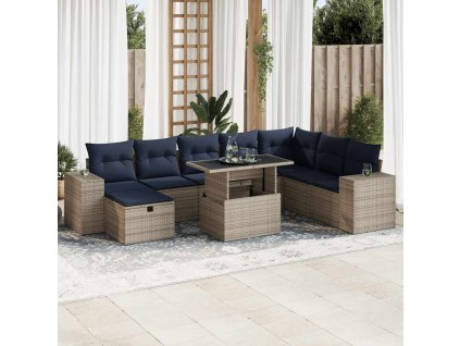 9dílná zahradní sestava s poduškami černá polyratan akácie [3327961] (Barva Šedá)