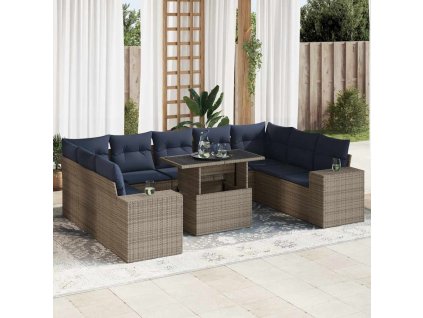 10dílná zahradní sestava a s poduškami polyratan akácie [3326862] (Barva Šedá)