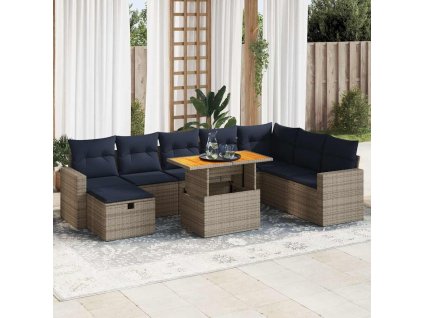 9dílná zahradní sestava s poduškami polyratan akácie [3328020] (Barva Šedá)