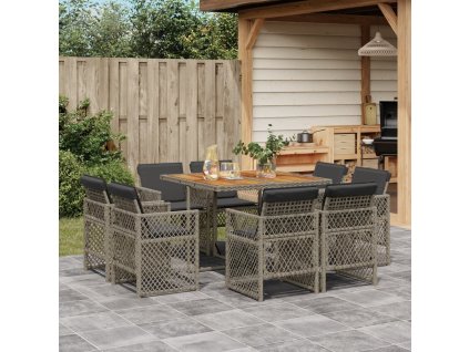 9dílný zahradní jídelní set s poduškami polyratan [3210842] (Barva Šedá)