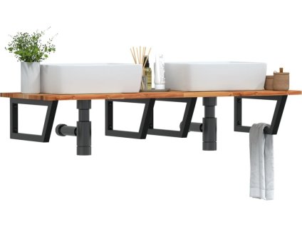 Deska pod umyvadlo nástěnná ocel a masivní akáciové dřevo [3302839] (Barva tmavě hnědá a černá)