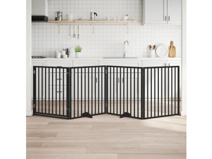 Psí branka s dvířky, skládací, 4 panely, , 320 cm, topolové dřevo [352195] (Barva Černá)