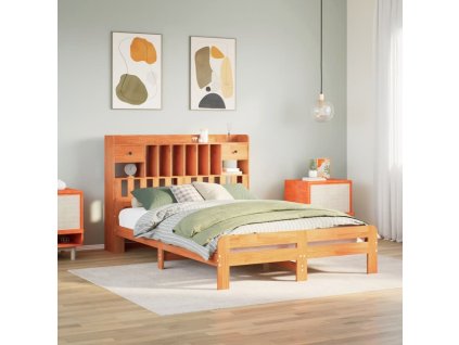 Postel s knihovnou bez matrace 150 x 200 cm masivní borovice [3308881] (Barva Voskově hnědá)