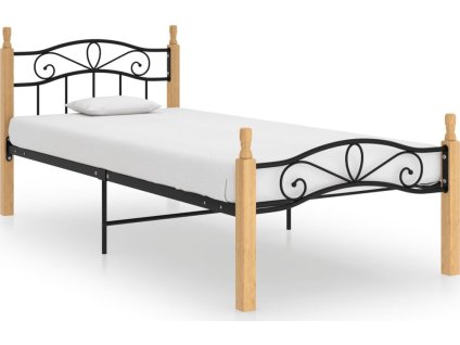 Rám postele černý kov a masivní dubové dřevo 100 x 200 cm [324905] (Barva Tmavě hnědá)
