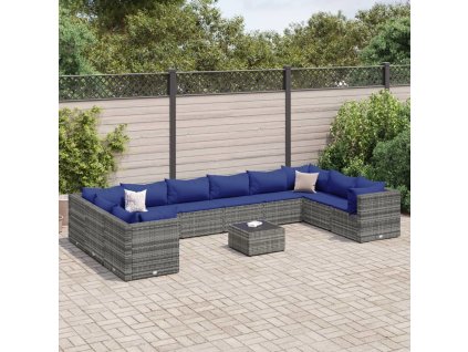 11dílná zahradní sedací souprava s poduškami polyratan [3308295] (Barva Šedá a modrá)