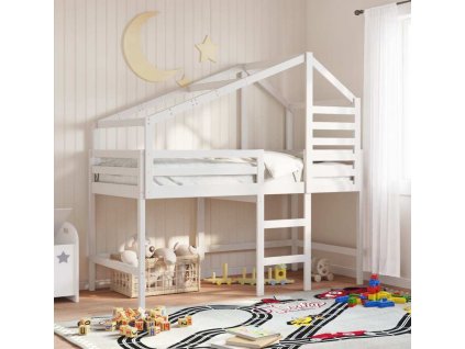 Patrová postel s žebříkem a střechou 90 x 190 cm borovice [3281991] (Barva Bílá)