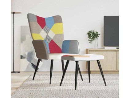 Relaxační křeslo se stoličkou patchwork textil [328198] (Barva Černá)