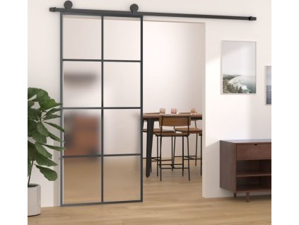 Posuvné dveře 90 x 205 cm mléčné ESG sklo a hliník [288065] (Barva Černá)