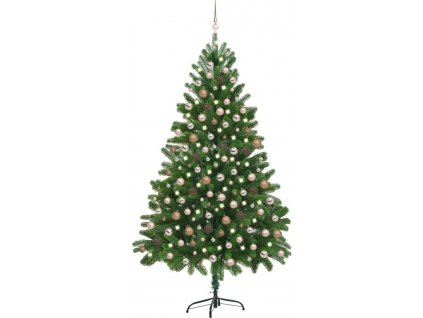 Umělý vánoční stromek s LED a sadou koulí 210 cm zelený [3077642]