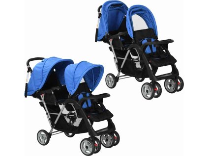Tandemový kočárek a černý ocel [10112] (Barva Modrá)