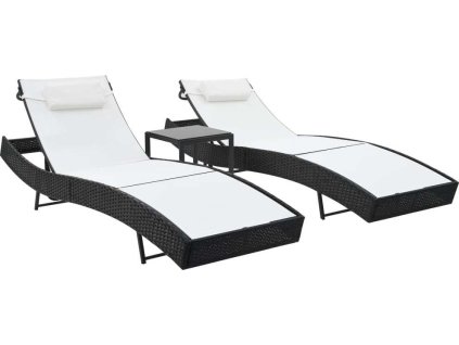 Zahradní lehátka 2 ks se stolkem polyratan a textilen [44892] (Barva Hnědo-černá)