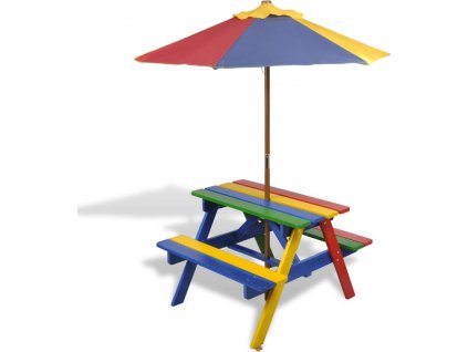 Dětský piknikový stůl, lavičky a slunečník vícebarevný dřevo [40773]