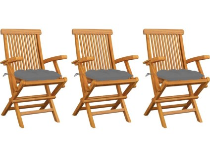 Zahradní židle s mi poduškami 3 ks masivní teak [3062530] (Barva Šedá)